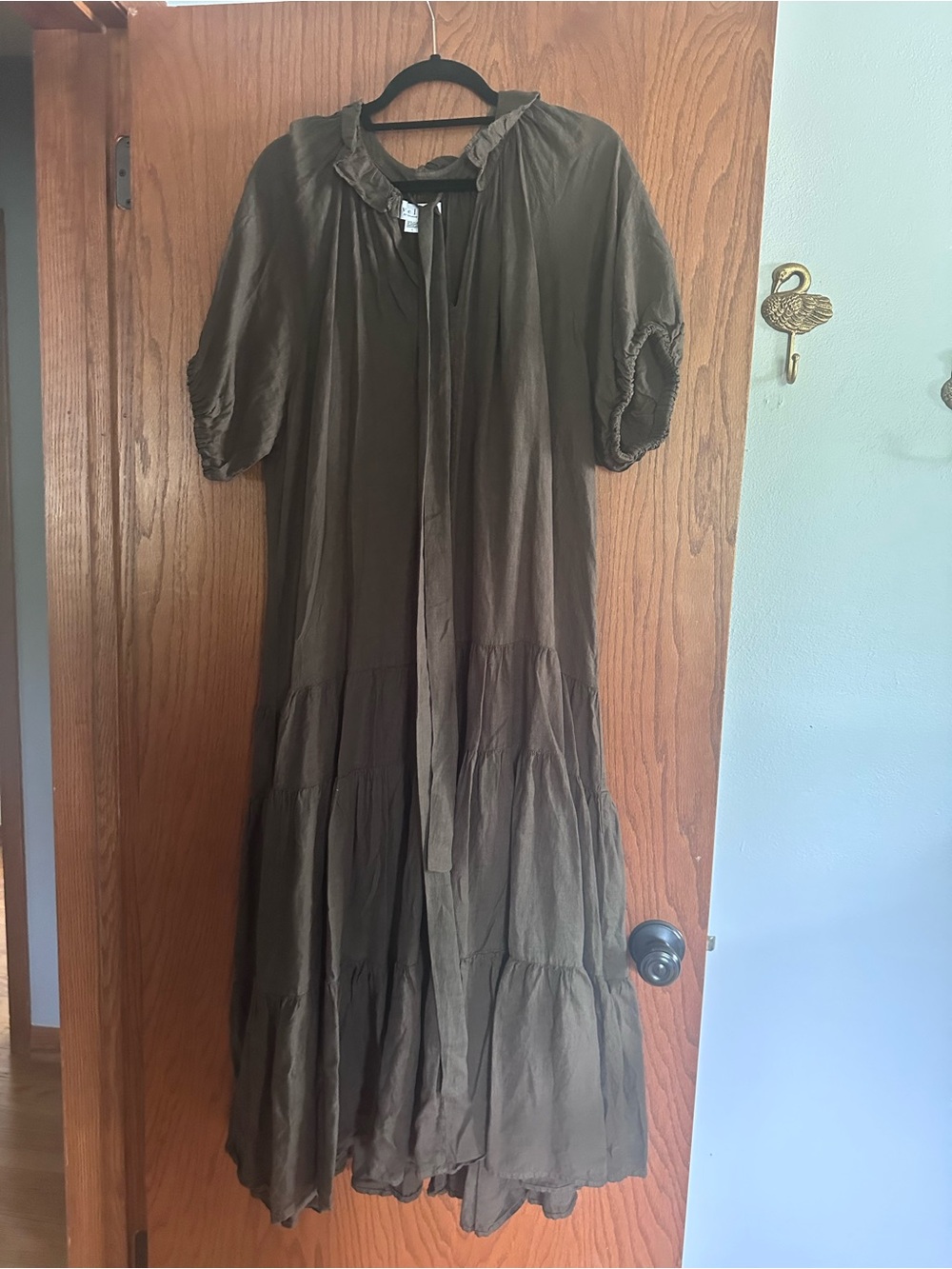 Velvet by Graham & Spencer Olive Tiered Maxi Dress with Tie Neck